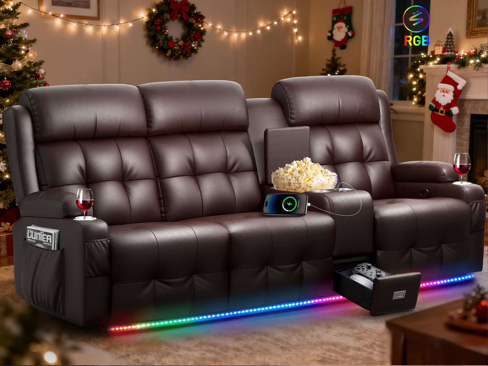 RV Loveseat Recliner Sofa, Home Theater Seating with Console &amp; Massage