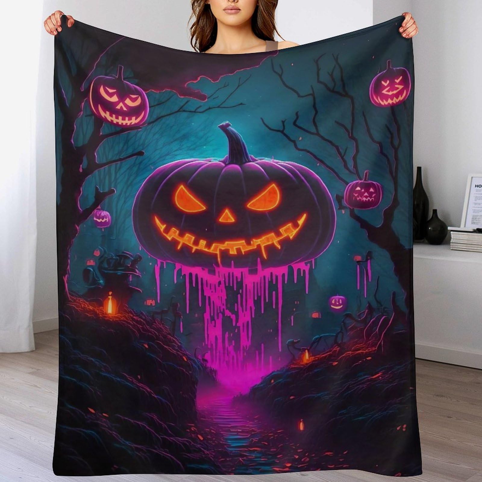 Couverture citrouille d'halloween en polaire de flannel douillette 150x200cm pour lit et canapé