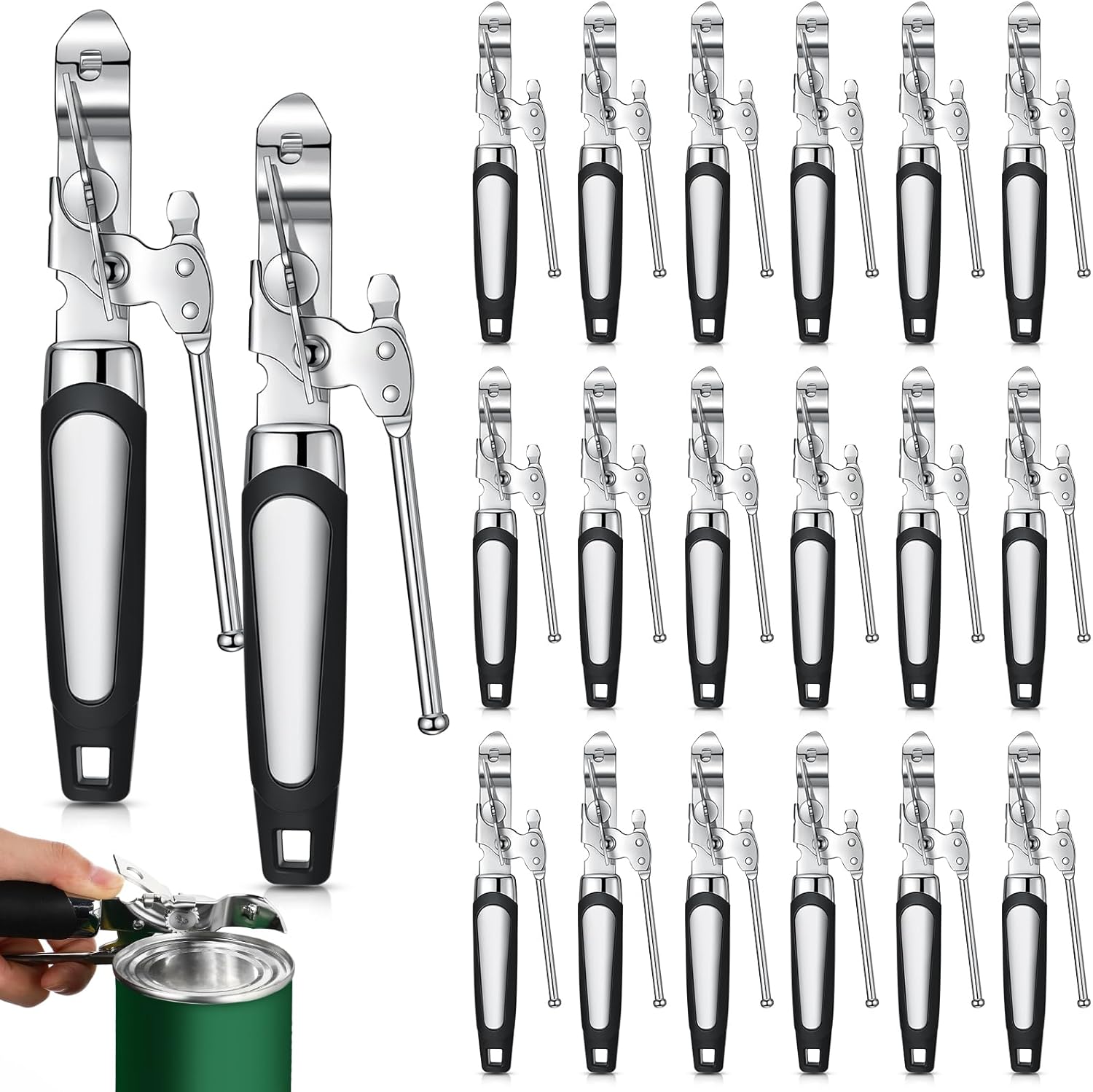 Gisafai 20 Pcs Can Opener Manual Bulk Smooth Edge with Sharp Blade and Soft Non Slip Grip Handle Heavy Duty Handheld Safety Can Opener, Black and Silver