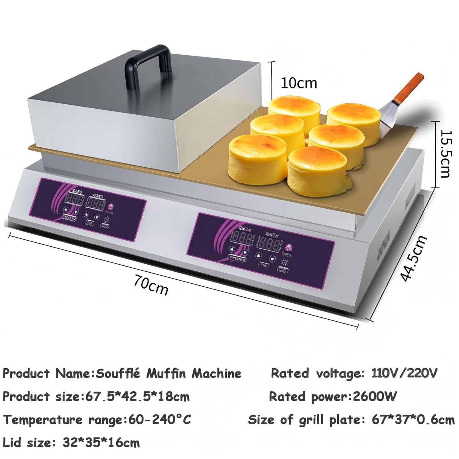 Macchina Professionale per soufflé, elettrica da banco preparare dorayaki Doublehead | con piastra riscaldante antiaderente in rame, controllo digitale della temperatura coperchio acciaio inox
