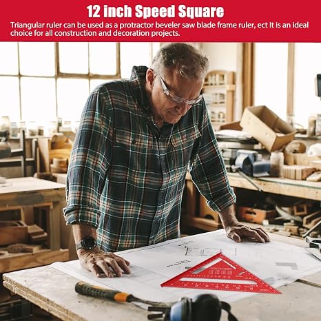 2 Pcs Speed Square Metric Aluminum Alloy Triangle Ruler 12inch +7inch Carpenters Tools High Precision Protractor Layout Measuring Tool Can Drawing Angle for Engineer Carpenter (Red)
