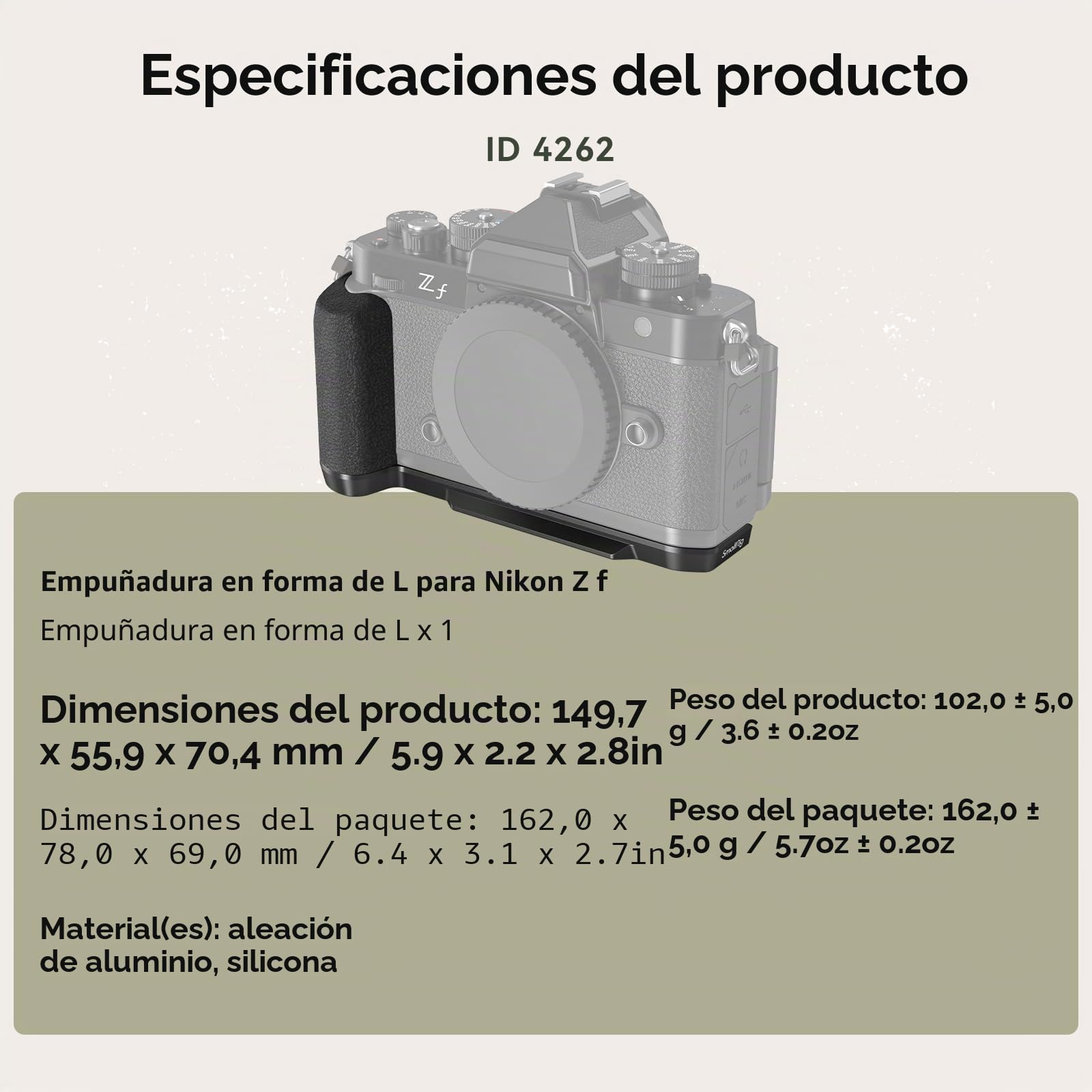 SMALLRIG Z f Empuñadura en Forma de L para Nikon con Empuñadura Ergonómica de Silicona, Placa de Liberación Rápida Incorporada para Arca para Cambiar Rápidamente Trípodes/Disparo Manual - 4262