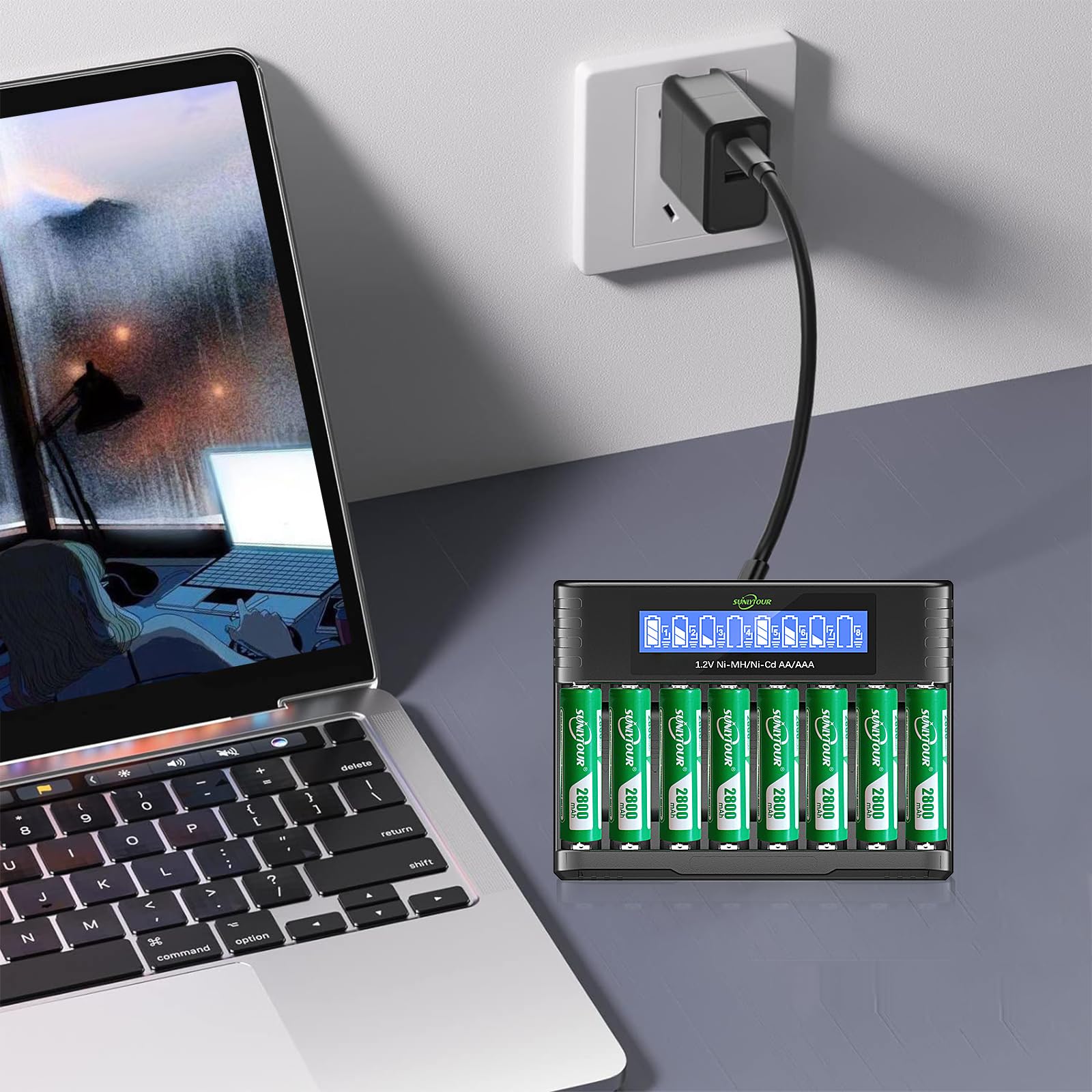 2800mAh Ni-MH AA Batterie avec Chargeur, SUNLYTOUR 8 Piles 2800mAh AA Ni-MH Batterie avec 8 Slots Chargeur de Batterie Jusqu'à 1200 Fois