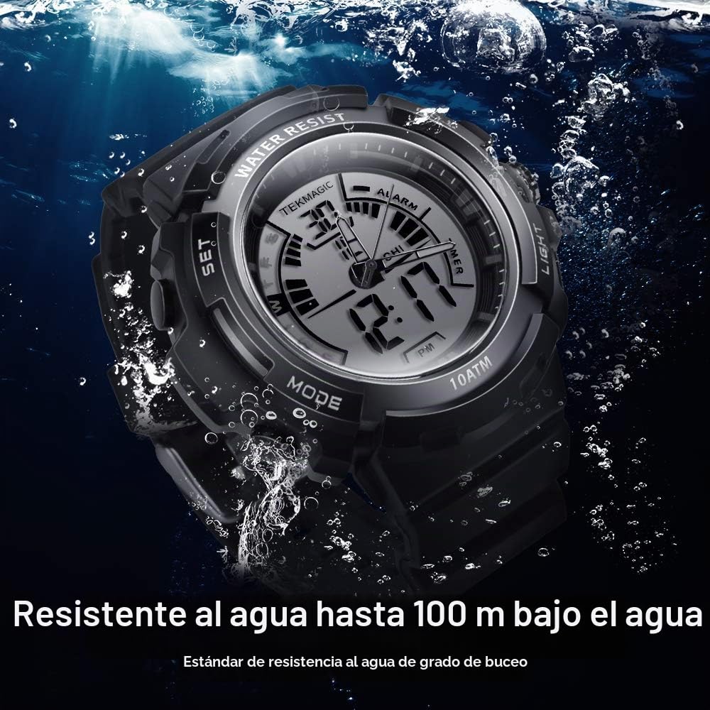 10 ATM Submarino Luminoso Reloj de Buceo Deportivo con Alarma y Funciones de Cronómetro Sumergible, Soporte la Visión de Doble Zona Horaria, Movimientos Digitales y Analógicos, Formato de 12/24 Horas
