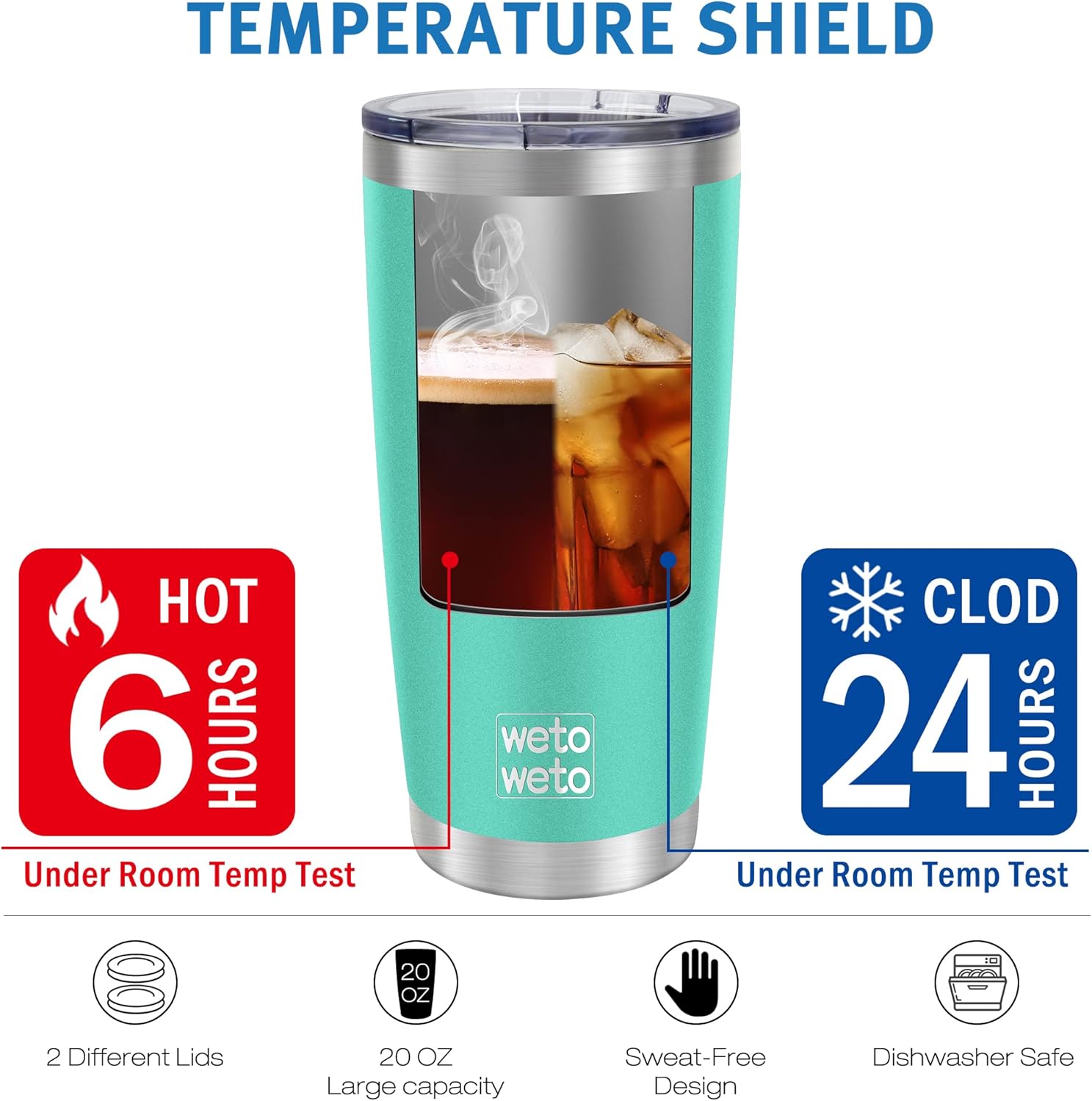 WETOWETO 20oz Tumbler with 2 lids and 2 straws, Stainless Steel Vacuum Insulated Coffee Tumbler Cup, Double Wall Powder Coated Travel Mug (Cyan, 1 Pack) - Image 5
