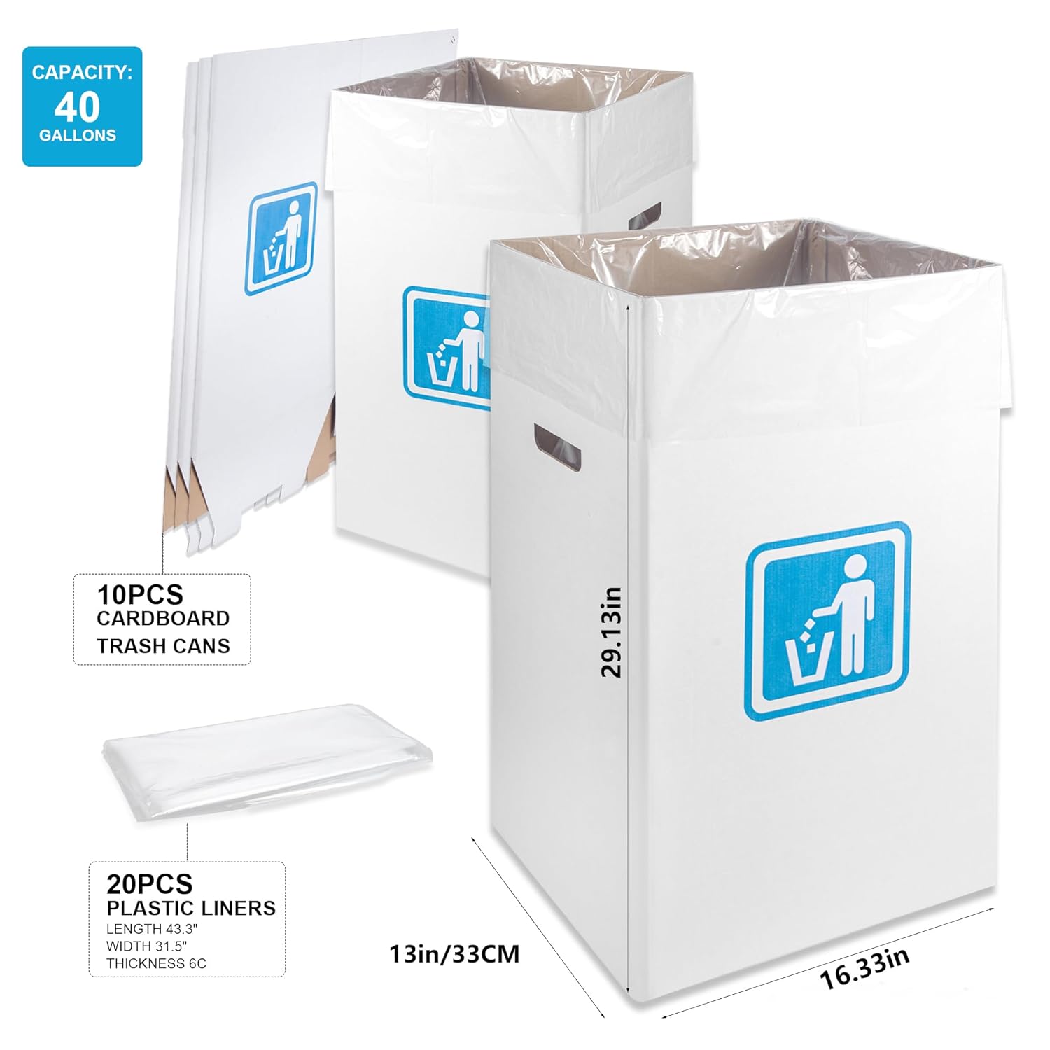 40 Gallon Cardboard Trash cans for Events (Pack of 10)， with 20 Liners Included，Be applicableOutdoor Events pop up Trash cans for Parties，Reusable Portable Garbage Can，in-Home Recycling Bins