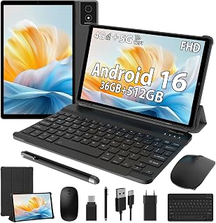 Tablet 10,4 Pulgadas Android 16, Octa-Core 2.0 GHz, 2K FHD, 4G LTE/5G WiFi, 36GB RAM+512GB ROM (2TB TF), 8000mAh, 13MP+8MP, GPS, Bluetooth 5.0, Face ID, con Teclado y Ratón, Negro