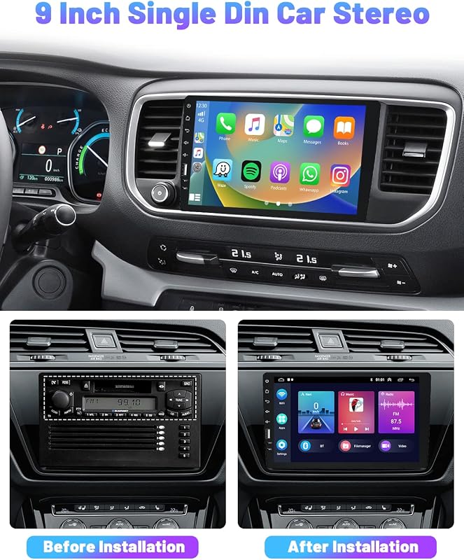 Hikity 1 DIN Android 11 Autórádió 9" Érintőképernyővel - Vezeték Nélküli CarPlay, Bluetooth, WiFi, GPS Navigáció, Tolatókamera, 2GB RAM + 32
