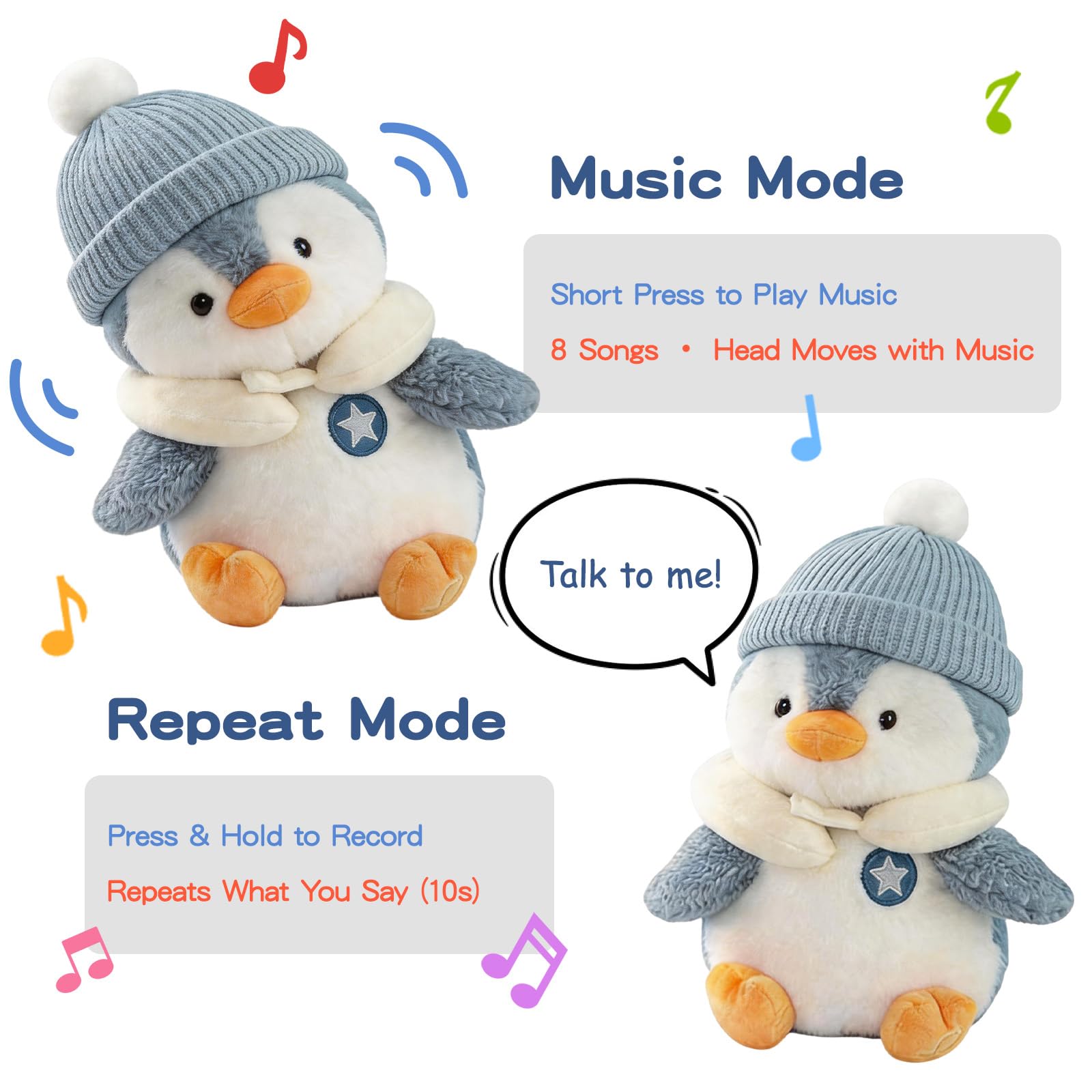 Pinguino di peluche interattivo parlante con funzione di riferimento, danza e canta 8 canzoni inglesi per bambini, morbido regalo per ragazze e ragazzi 0-3 anni