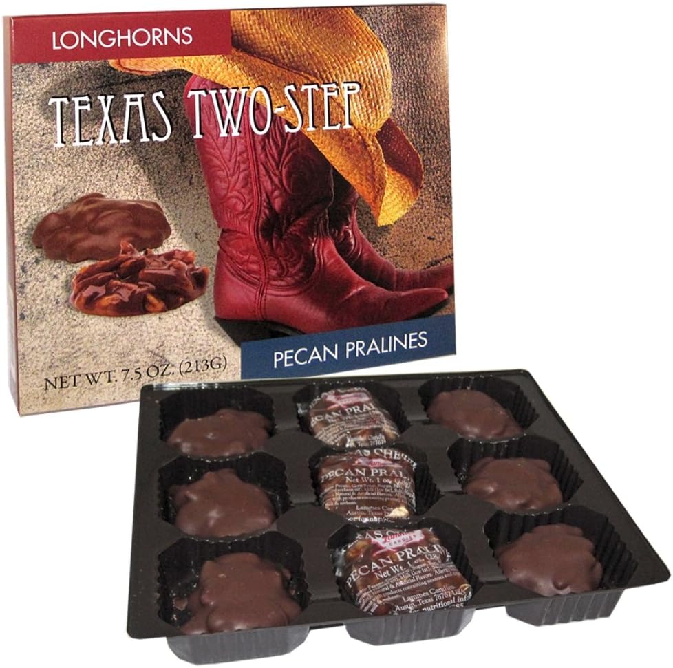 Lammes Candies Texas Two-Step: Milk Chocolate Longhorns (Chocolate Pecans & Caramel) and Texas Chewie Pecan Pralines Combination Gift Box, 7.5 Oz.
