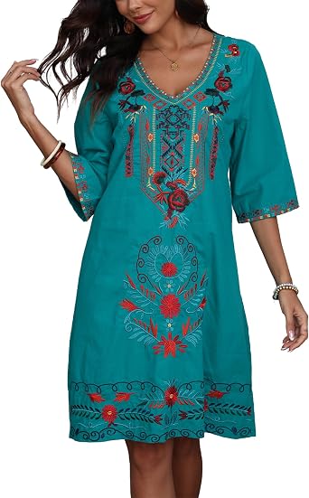 Grosy Womens Embroidered Mexican Fiesta Dress Plus Size Traditional Floral Boho Dresses for Women Peasant Hippie Outfit