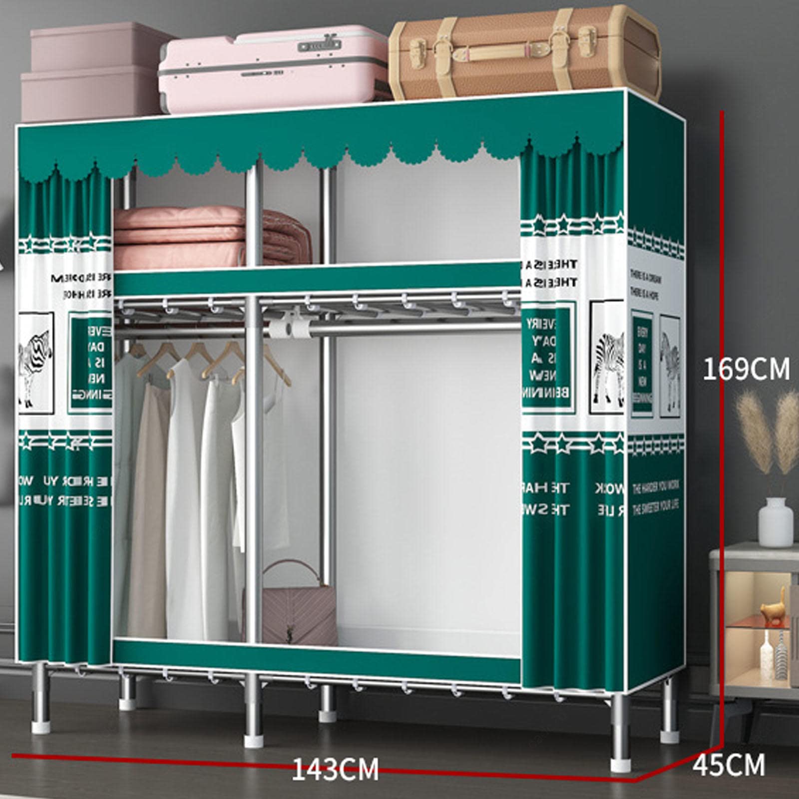 Tragbarer Kleiderschrank, Aufbewahrungsorganisator für Kleiderschränke, Stoffgarderobe mit Kleiderstange, Regalen, faltbarer Schrank für Kleidung, Taschen,B-143x45x169cm
