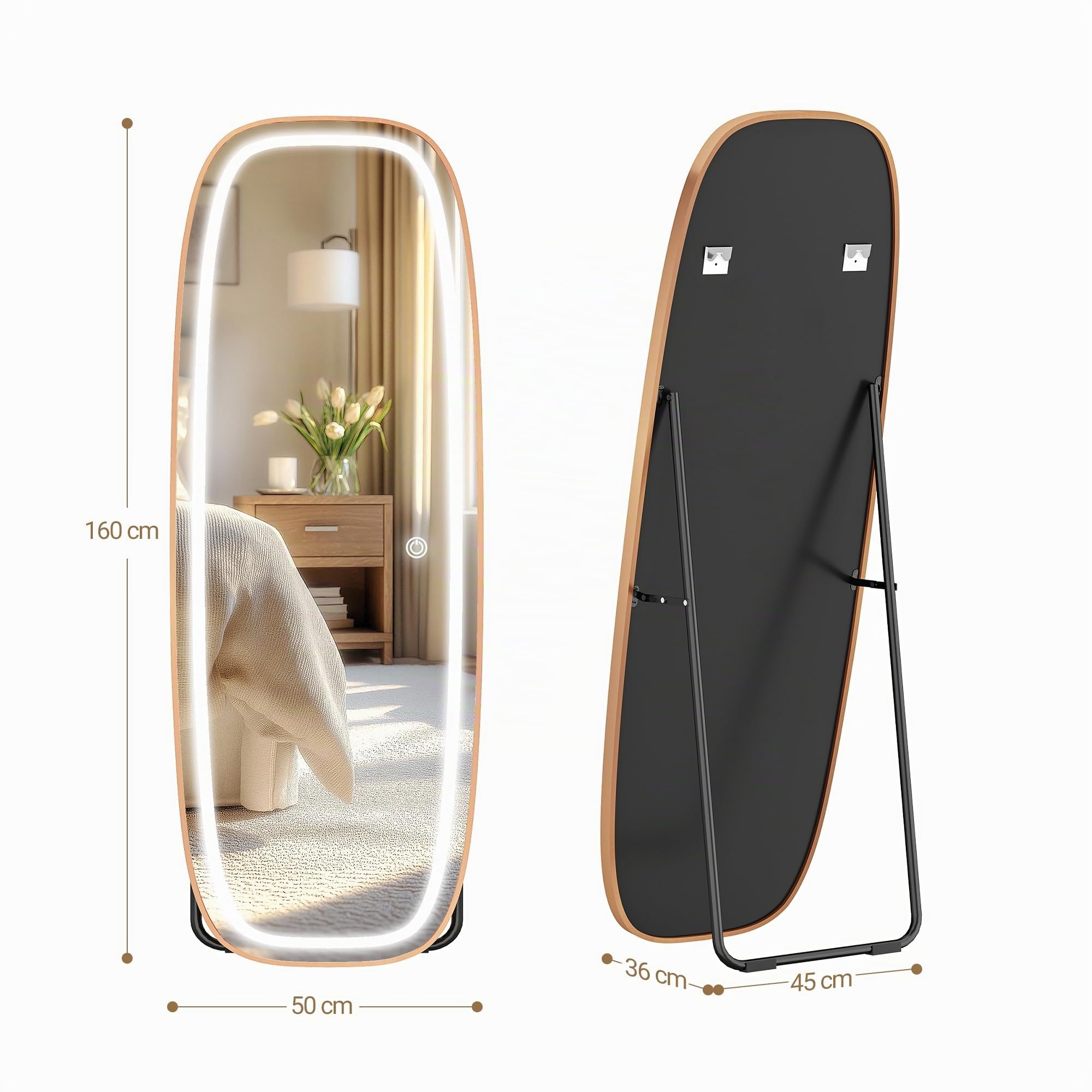 Hzuaneri Espejo de Cuerpo Entero con Luz LED 160x50 cm Espejo de Pie Curvo 3 Colores de Luz Brillo Ajustable Dorado