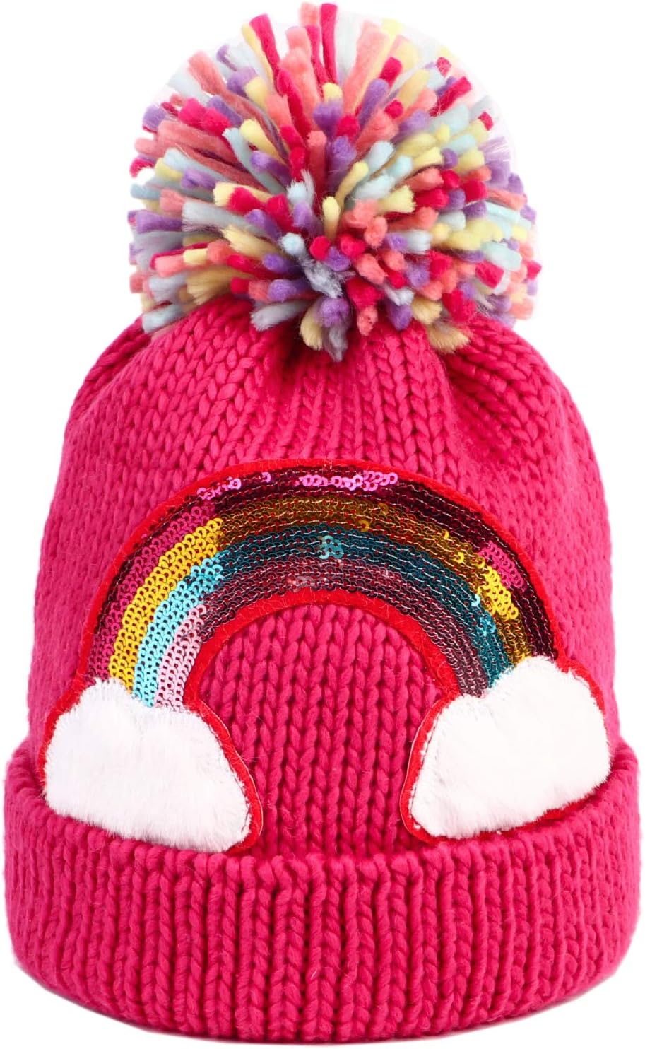 Little Girls Winter Sequin Rainbow Beanie Hat with Pom Pom Knit Cap for Kids Baby Toddler