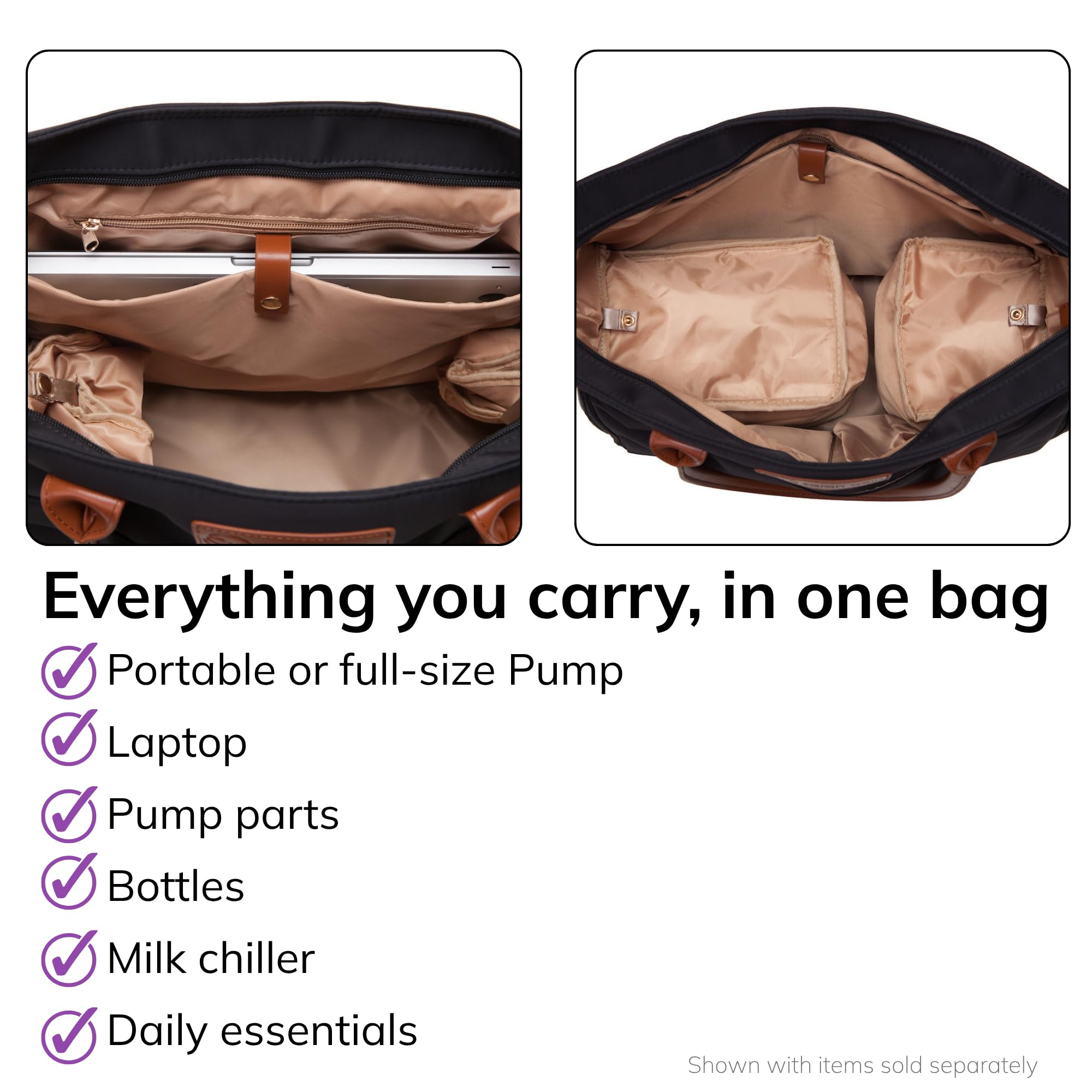 Abby Sac fourre-tout pour tire-lait avec sangles en cuir véritable – Sac de pompage élégant avec poches isothermes, rangement pour ordinateur portable et intérieur facile à nettoyer – Pour le travail