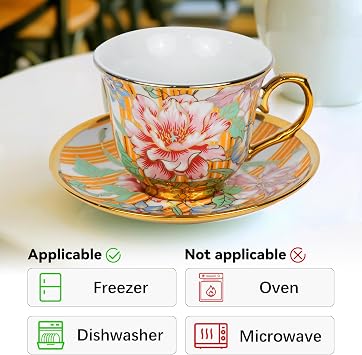 Tea Cups and Saucers Set of 6, 8 OZ Ceramic Tea Cups with Saucers Vintage Floral Tea Cup Set for Cappuccino, Macchiato, Afternoon Tea Birthday Party Supply Thanksgiving Day Halloween gifts