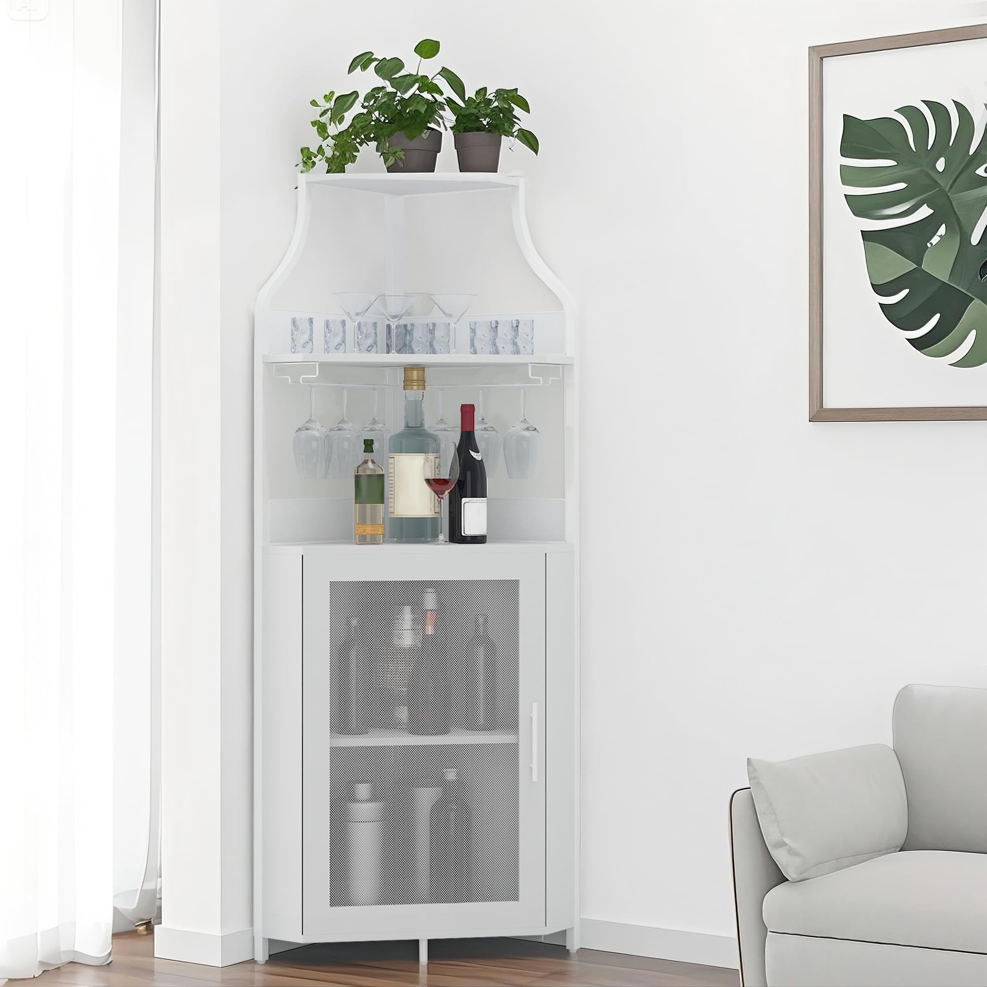 Eck-Weinschrank – Industrieller Eck-Hausbar | 5-Fach Abschließbares Weinregal Mit Glasablage & LED-Beleuchtung | Verstellbare Einlegeböden, Metallgestell & Gittertür | Küche/Wohnzimmer/Bar