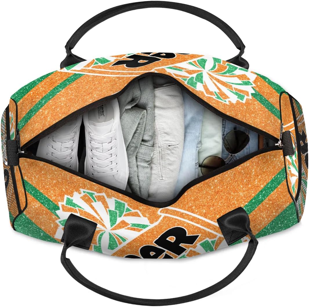 Personalized Cheer Bag Sport Duffel Bag Custom Name Carry On Weekender Bag Gym Bag Sleepover Bag Athletic Bag for Women Men Travel, Glitter Green Orange