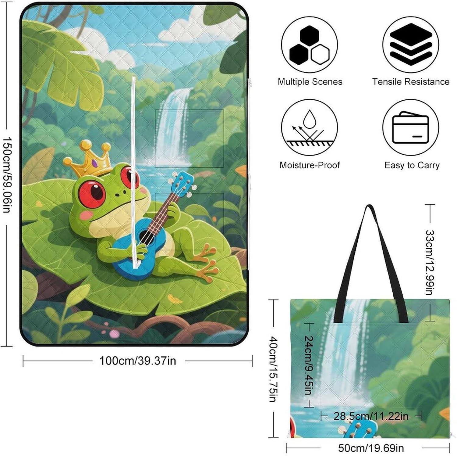 Cute Frog Picnic Blanket 150x100cm, Foldable 2-in-1 Picnic Mat and Tote Bag Portable Waterproof Beach Mat Sandproof Outdoor Blanket for Park, Hiking, Beach, Camping, Travel