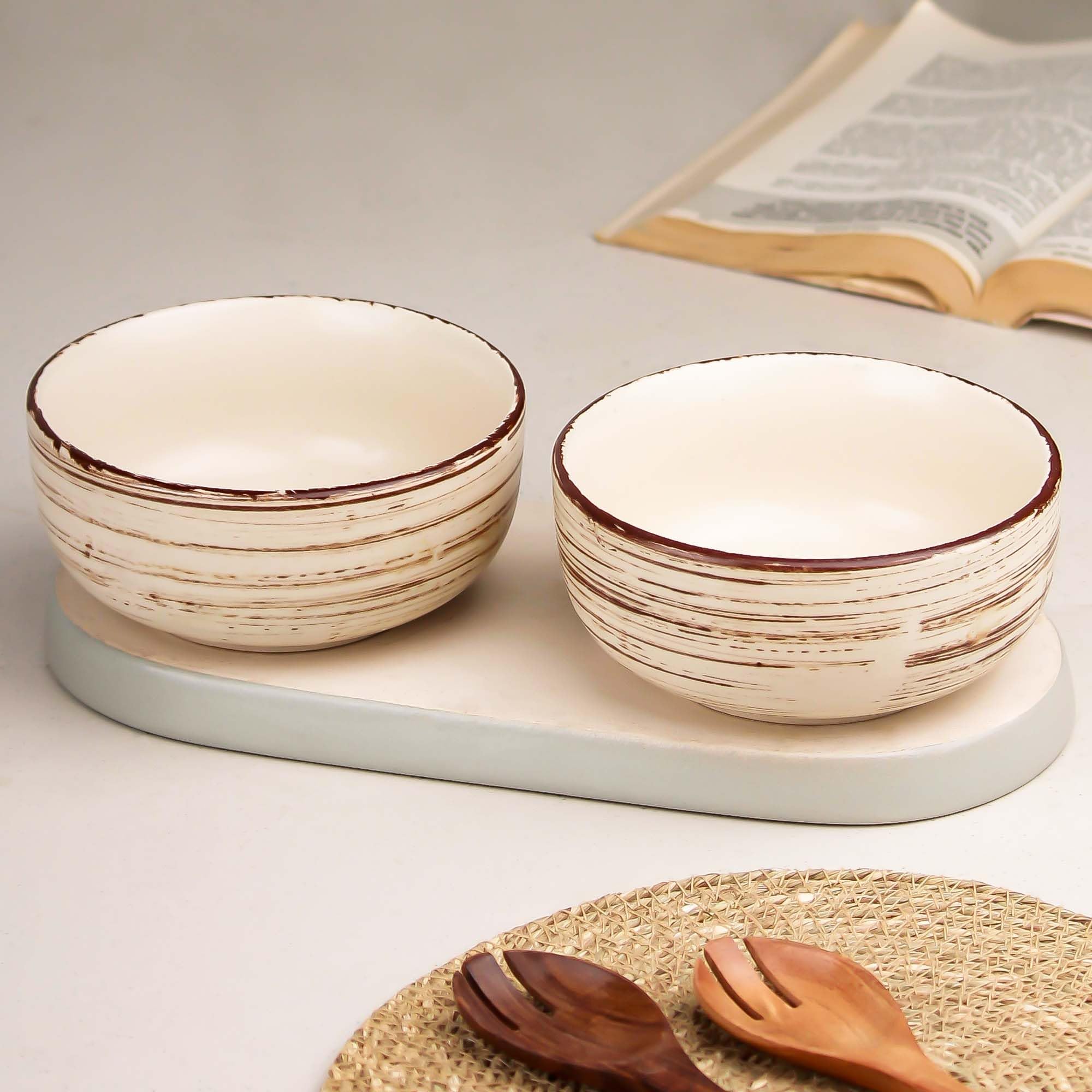 Brown Spiral 500ML Ceramic Bowl Dishwasher & Microwave Safe Bowl Mixing Bowl for Snacks, Pasta, Rice, Dal, Fruits, Salad, Noodles, Maggi and More Snack Bowl- Set of 2