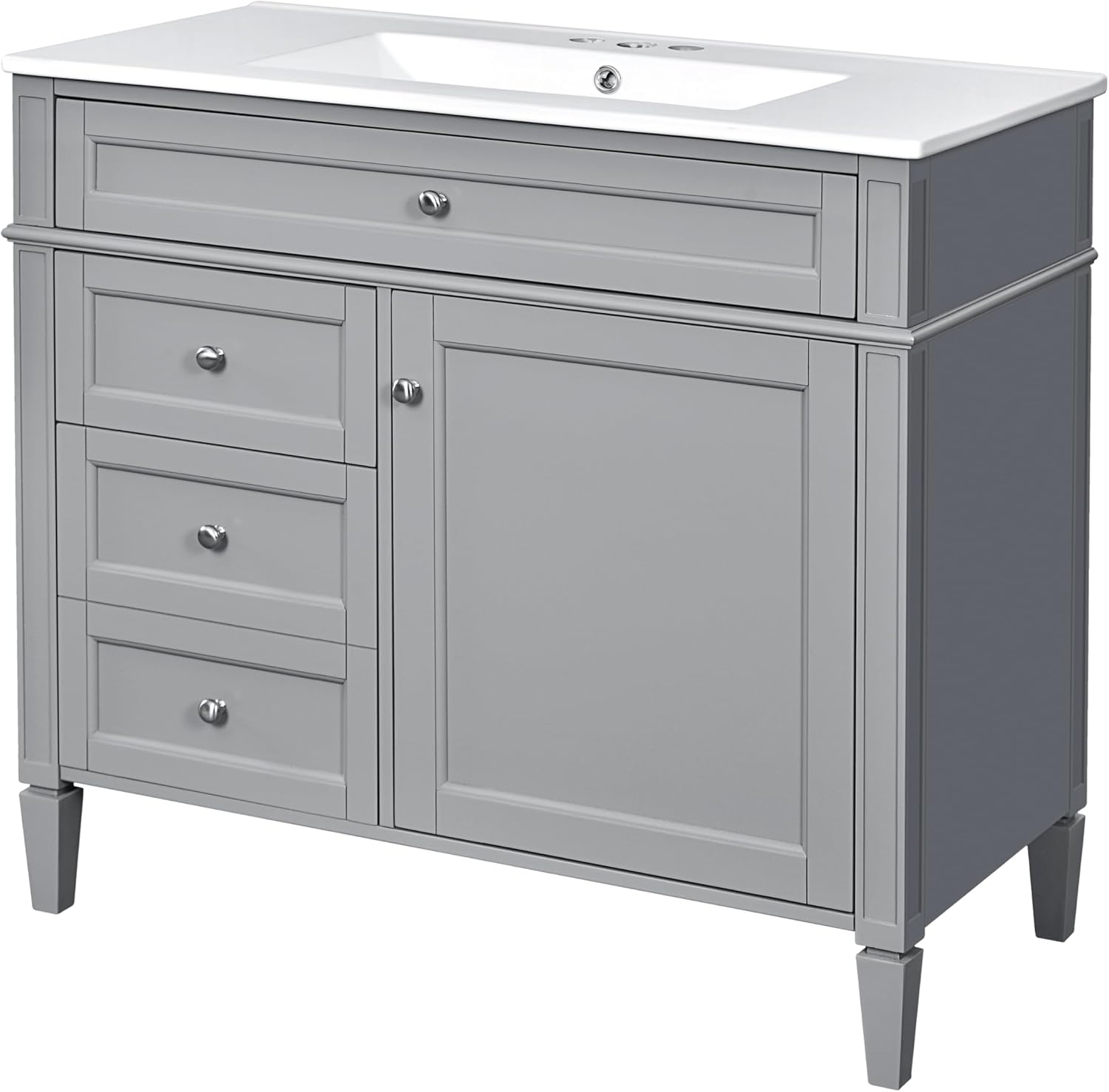 36" Modern Bathroom Vanity with Ceramic Sink, 3 Drawer Storage Cabinet with Tip-Out Tray and Adjustable Shelf in Grey