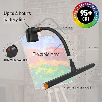 Daylight Company Easel Lamp GoTM Premium 95+ CRI LED Art Lamp with 3-Step Dimmer, USB-C Cable, and Built-in Battery for Superb Color Reproduction and Uninterrupted Illumination