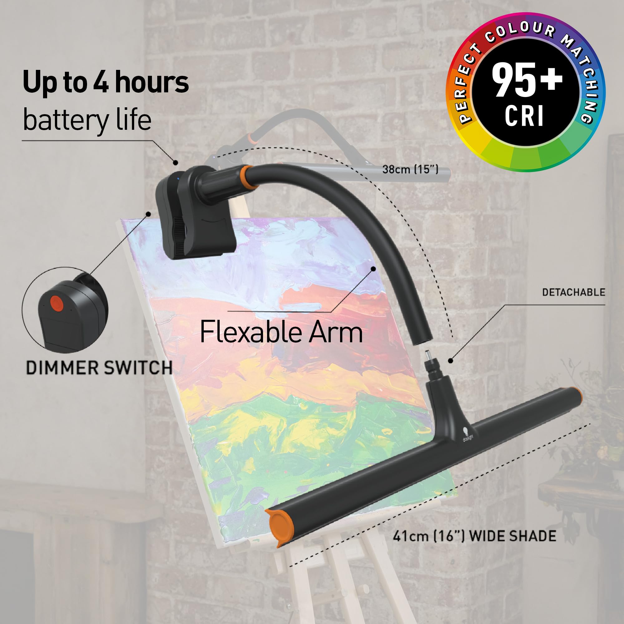 Daylight Company Easel Lamp Go – lampa artystyczna LED premium z 95+ CRI, 3-stopniowy ściemniacz, kabel USB C i wbudowany akumulator zapewnia doskonałe odwzorowanie kolorów i nieprzerwane światło