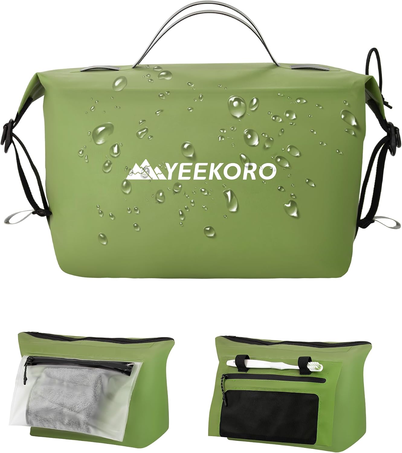 Waterproof Toiletry Bag for Travel, Zipper Styles, 40D Nylon Toiletry Organizer Bags with Shoulder Straps for Men Women, Travel Accessories（1 PACK,Green