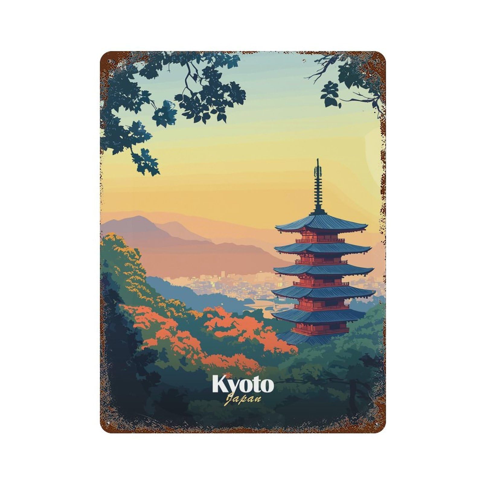 Kyoto Japan Pagoda 15.7"x11.8" Rustic Tin Plaque, Farmhouse Wall Decor for Basement, Hobby Room And Garage Decor