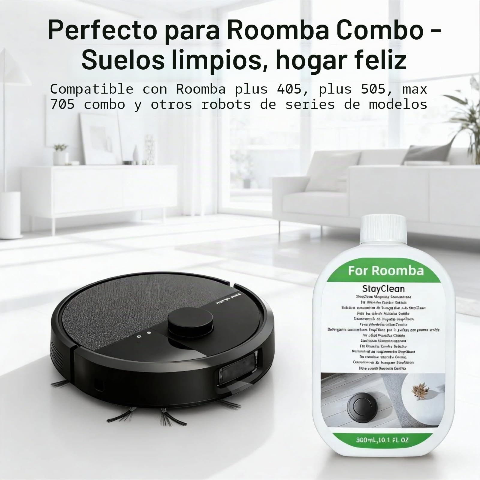 Compatible con Roomba Plus 405 505 Max 705 Robot de limpieza líquido limpiador pisos, 300 ml, fórmula baja en espuma, profunda, aroma fresco, aspiradoras robóticas