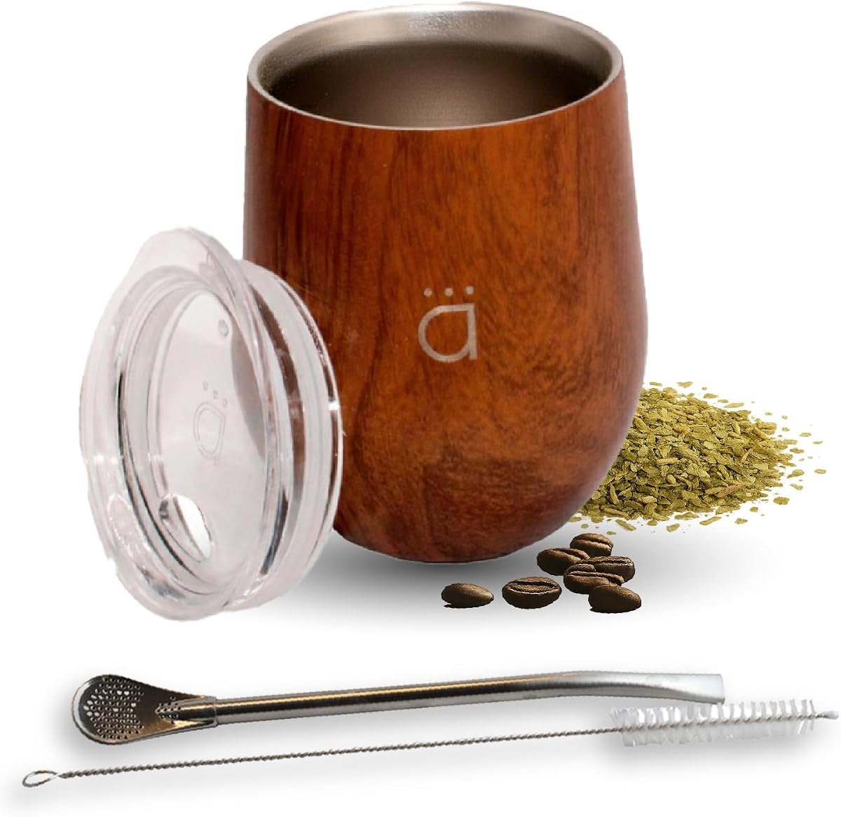 Kalmateh Yerba Mate Cup/Gourd 8oz, Stainless Steel Tea Cup, 3 Pcs Set Includes Bombilla Filter Straw & Cleaning Brush
