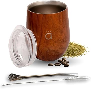 Kalmateh Yerba Mate Cup/Gourd 8oz, Stainless Steel Tea Cup, 3 Pcs Set Includes Bombilla Filter Straw & Cleaning Brush