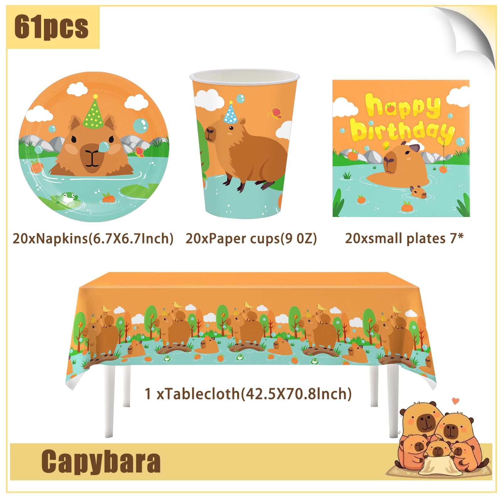 44-teiliges Capybara Partygeschirr Set – Mit Tellern, Bechern, Servietten & Ballons | Für 10 Gäste, Kindergeburtstag Deko