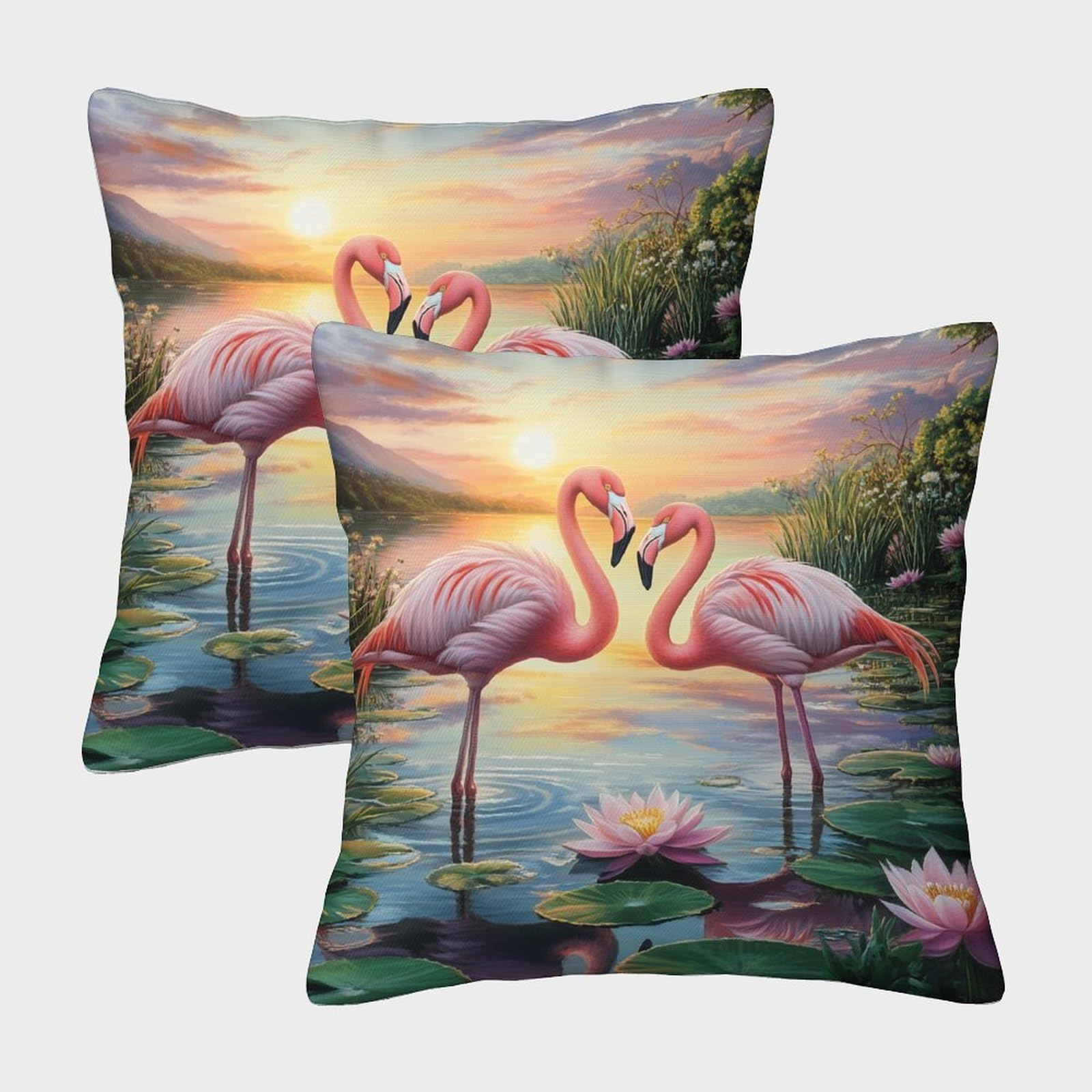 kaiyun 2 Pack Pink Flamingo,Beautiful Water Lily Luxury Digital Printed Soft 3D Themed Square Cushion Cover 50x50cm