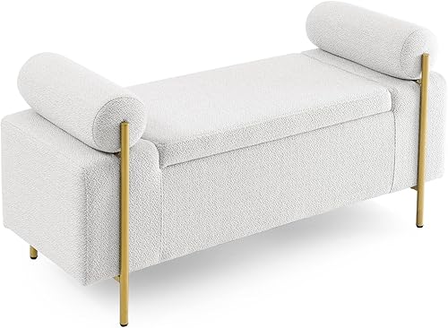 Miniatura 8 de CALABASH Banco otomano de almacenamiento de 44 pulgadas para el extremo de la cama, patas doradas, moderno banco de entrada de lino beige tapizado