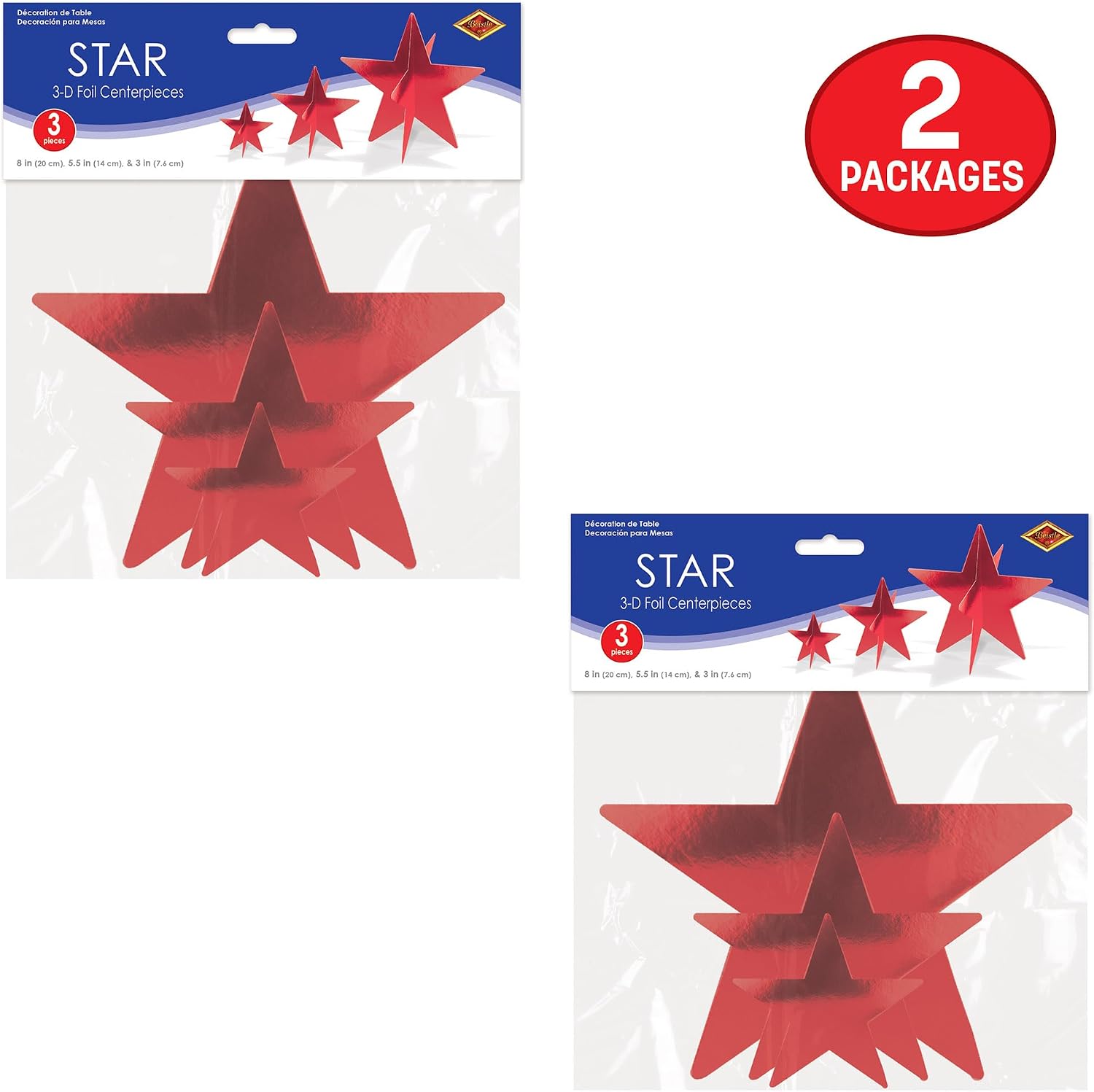 Beistle Red 3-D Foil Star Centerpieces – 6 Pack, Metallic Dimensional Table Décor, Freestanding Star Accents for Patriotic Events, New Year’s Eve, Birthdays, Banquets, Celebrations & Themed Displays
