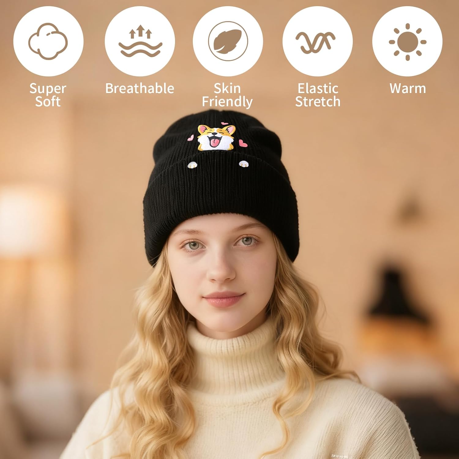 Corgi Dog Lover Beanie Winter Warm Cute Dog Embroidery Beanie with Greeting Card Gift Box for Women Men Gift - Image 5