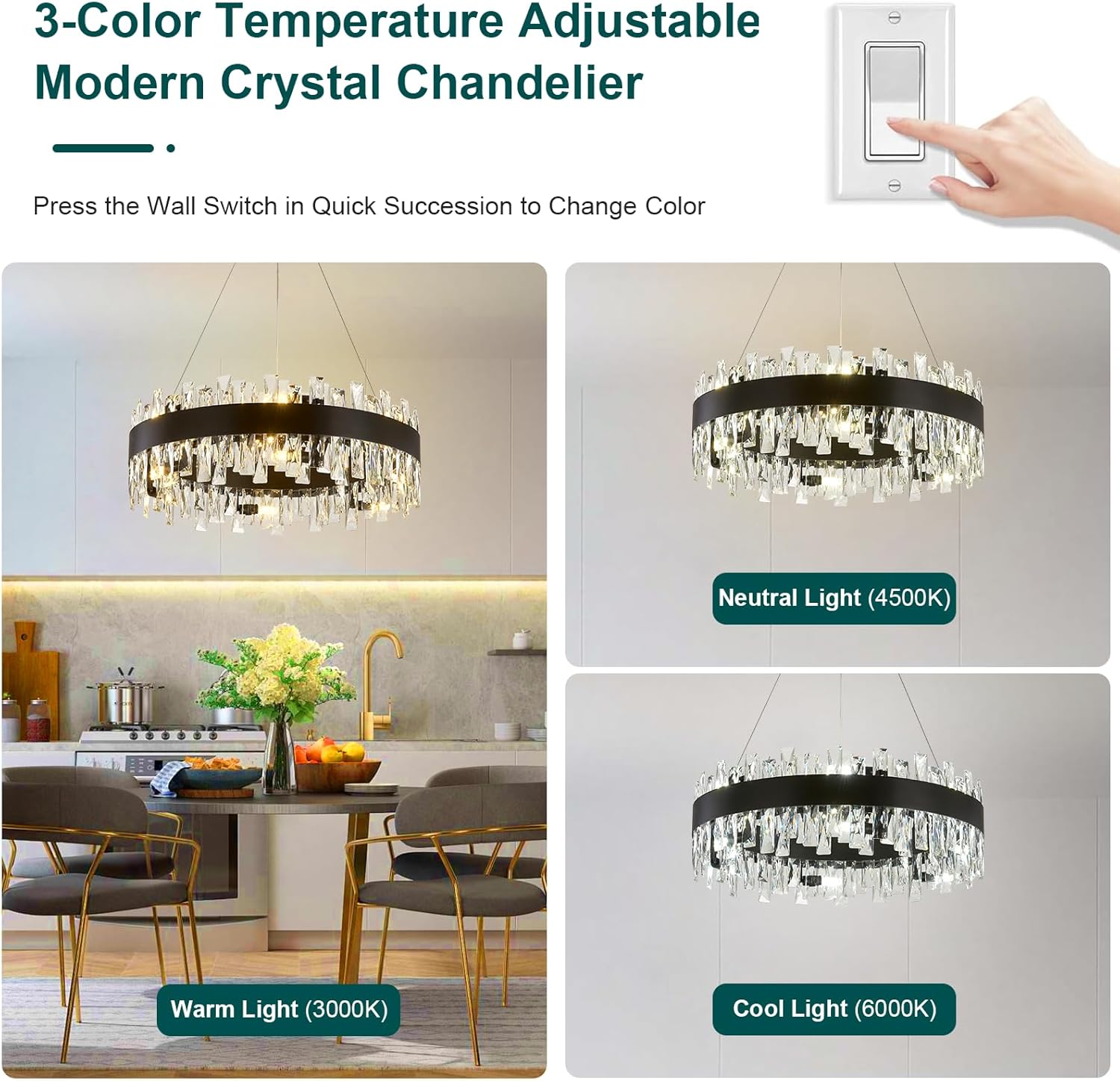 AioTio Modern Crystal Chandelier, D23.6'' Black Round Farmhouse Industrial Hanging Chandelier, K9 Crystal Raindrop Adjustable Chandeliers for Dining Room,Kitchen Island,Living Room,Bedroom,Foyer