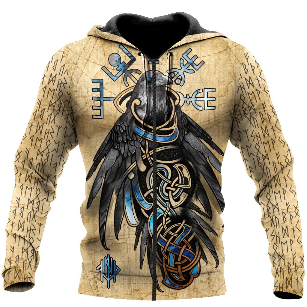 Viking Men's Hoodie Retro Warrior Pullover Norse Mythology Tattoo Sweatshirt Oversized Fall Jacket,Viking Raven Zipper,XL