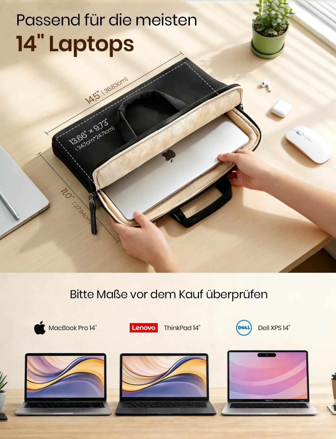 DOMISO Borsa Porta PC 14 Pollici Borsa Lavoro Donna Uomo Ufficio con Tracolla Dell Lenovo HP Computer Laptop Bag,per 15 Pollici MacBook Air Pro,Adatto per Viaggi di Lavoro,Scuola,Lavoro,Nero