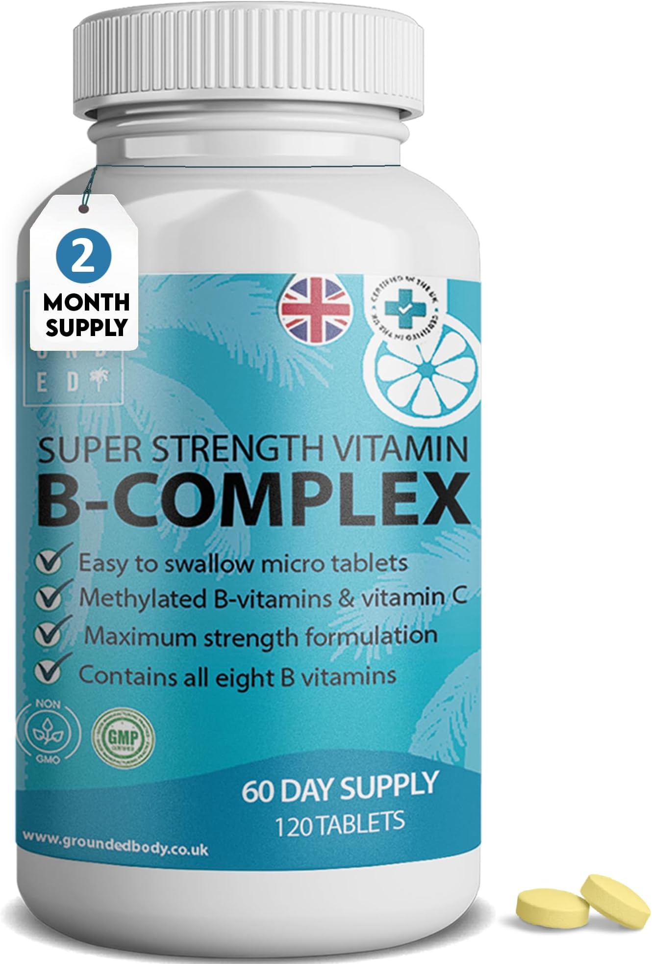 Super Vitamin B Complex High Strength x120 Tablets (2 Month Supply) Contains Vitamins B1, B2, B3, B6, (Folic Acid) B9, B12, Biotin (B7), B5 + Vitamin C - Vegan, UK Made Grounded