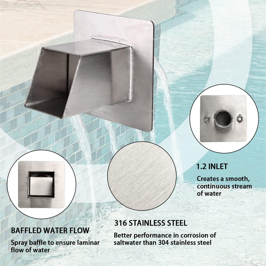 PONDO 2" Square Water Fountain Spout Scupper, 316 Stainless Steel Spillway w/Construction Spray Baffle for Pools, Ponds, Water Walls, Fountains (Silver) image 3