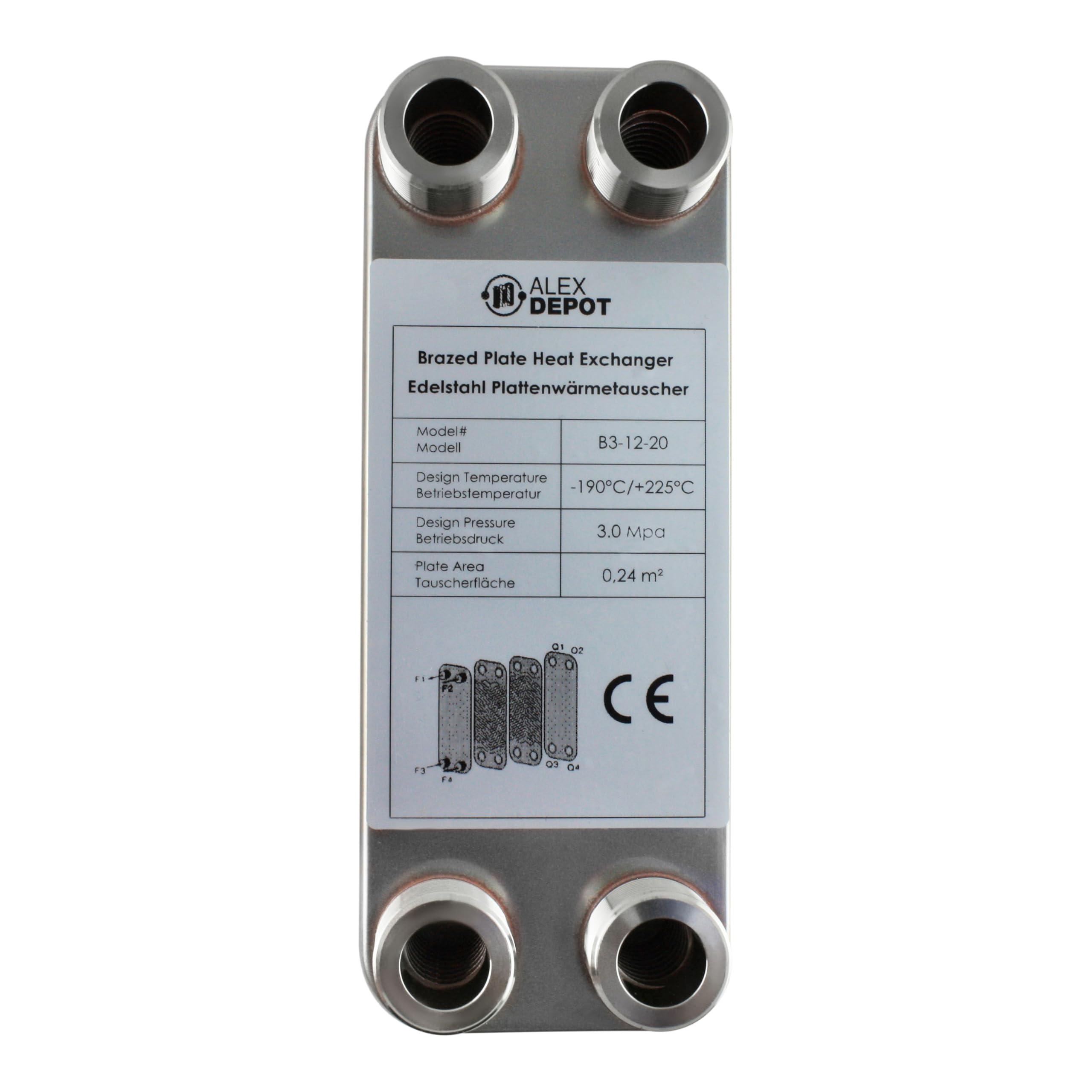Intercambiador de calor de placas de acero inoxidable B3-12-20 con conexión de 4 x 3/4 pulgadas Calefacción solar de 45 kW (PWT)