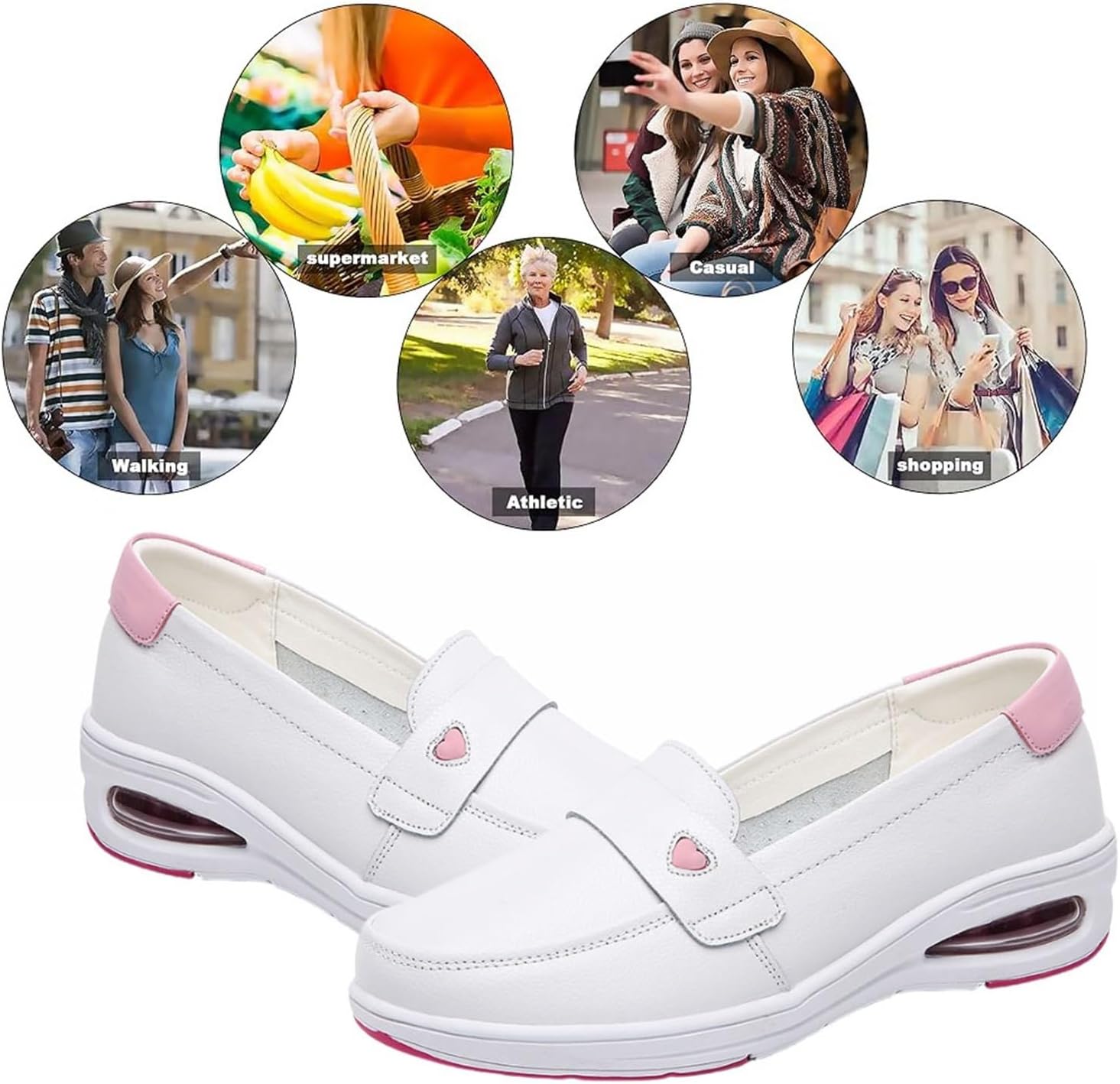 Yytcsjz Womens Leather Slip-On Loafers, Women's White Air Cushion Comfort Walking Non Slip Nursing Shoes, Platform Wedges Breathable Walking Shoes Women, for Hospital Nurse Doctors