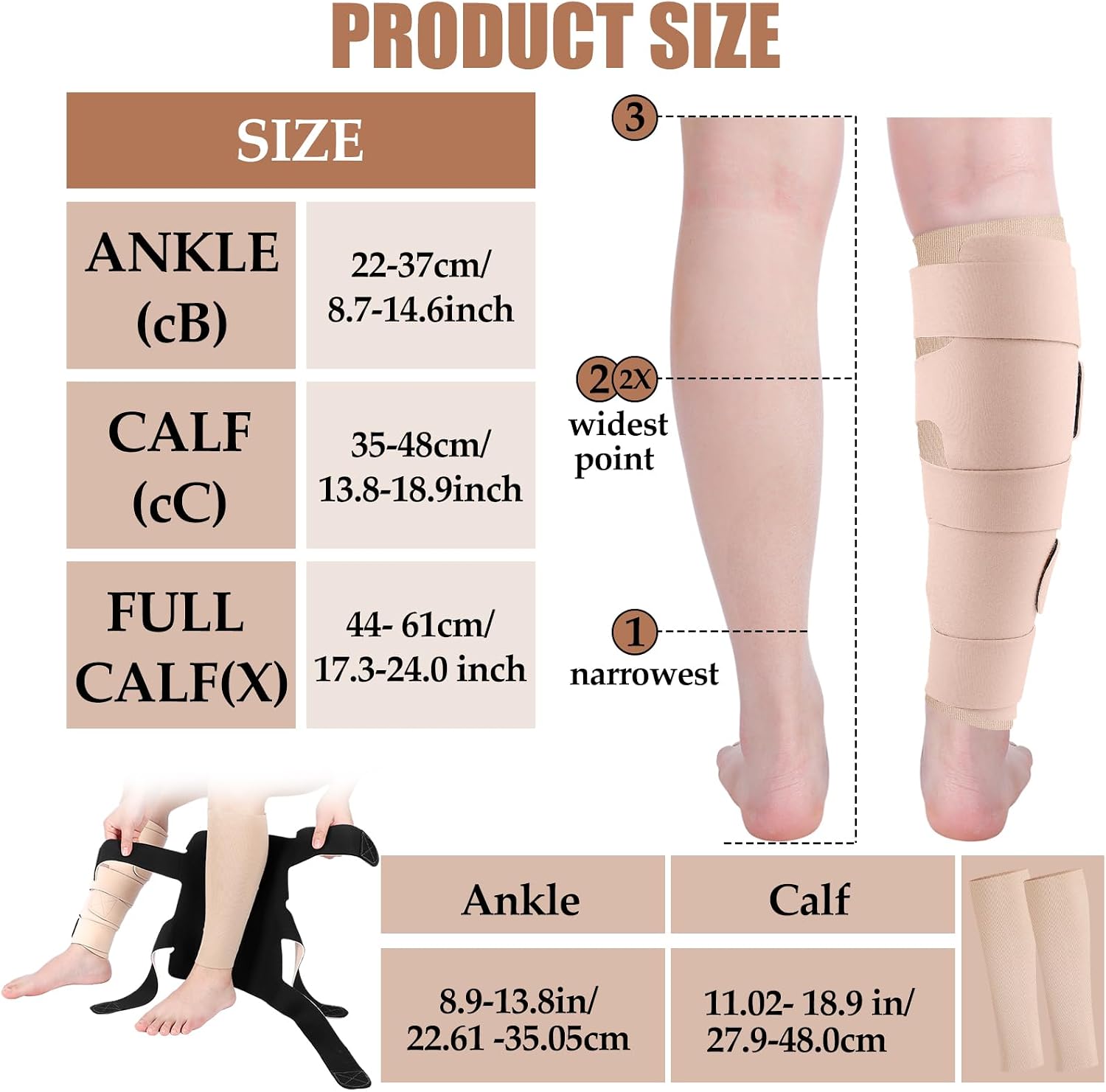 3 Pairs Lymphedema Compression Leg Wraps Adjustable Lower Leg Cover up Medical Shin Splint Wrap for Heaviness Fatigue (Complexion)