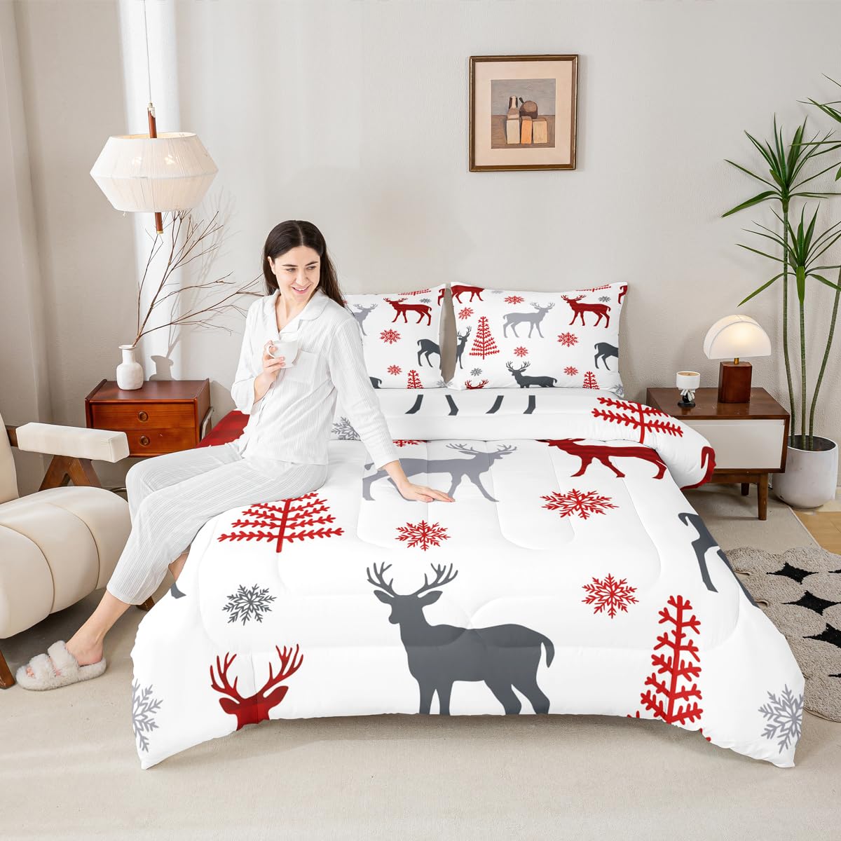Erosebridal Christmas Deer Comforter Set, Xmas Tree Bedding Set for Kids Boys Girls Children Bedroom, Snowflakes Cute Elk Down Comforter White