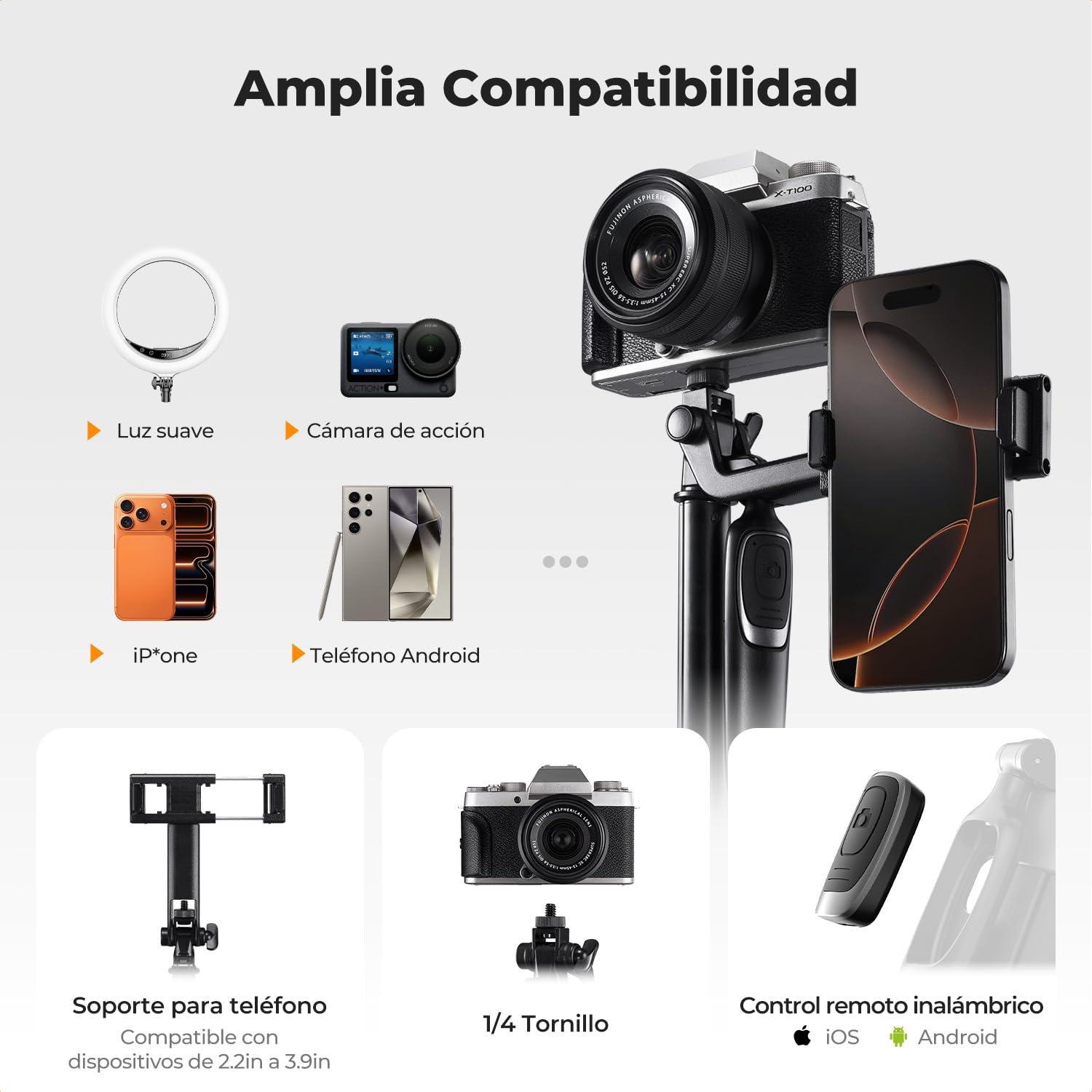 K&F CONCEPT 177cm Trípode para Teléfono, Adaptado para dji OSMO Pocket 4&3/Luna Ultra, 4 Pies y Mango Estabilizador, Control Bluetooth, Rotación 360°, Percha Selfie para iPhone Android, Viaje Vlog