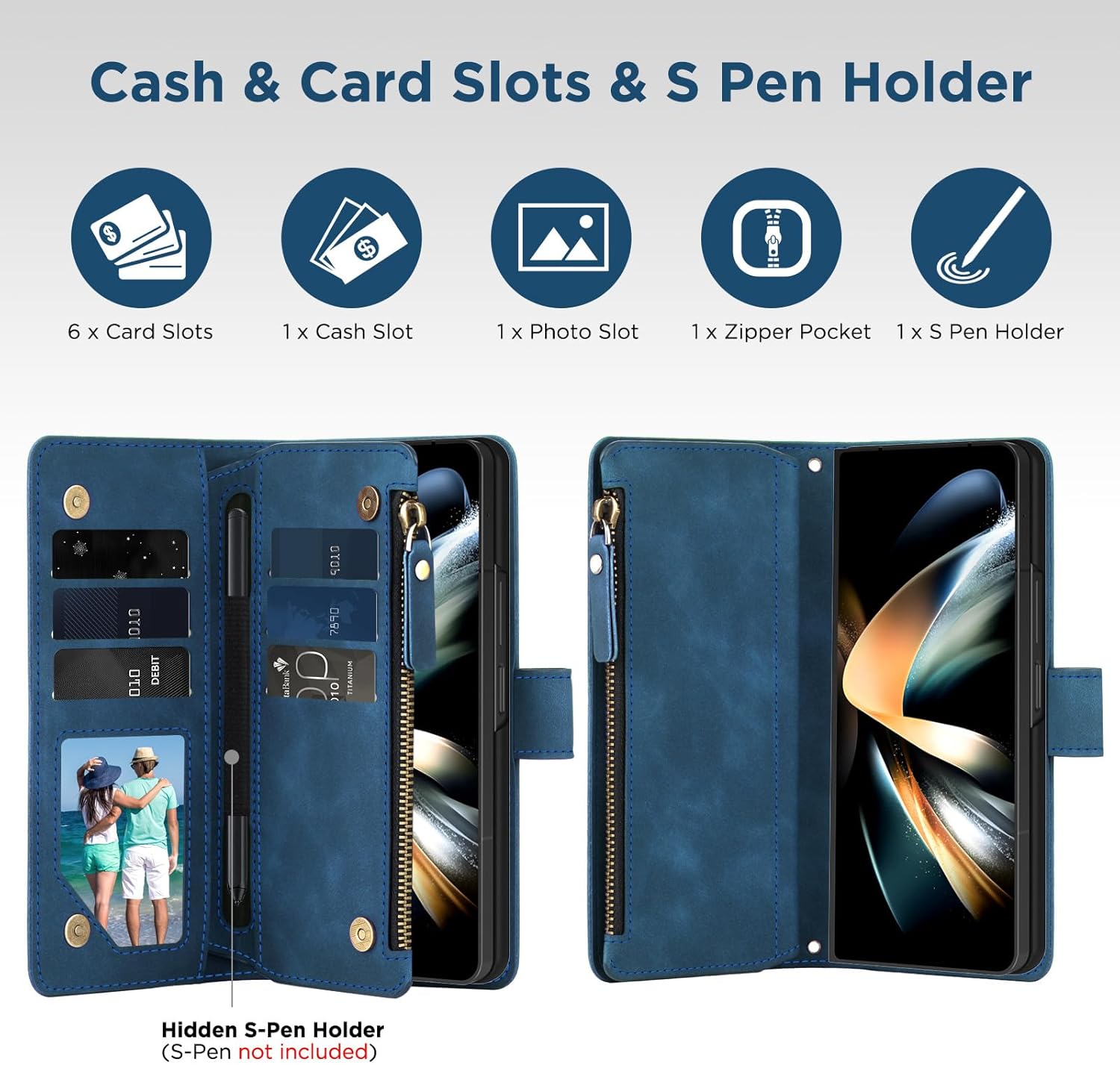for Samsung Galaxy-Z-Fold-4 Wallet Case: with RFID Blocking Card Slots (6 Cards) & Hidden S Pen Holder | Soft PU Leather Magnetic Snap Zipper Wrist Strap Protective Phone Cover - Blue