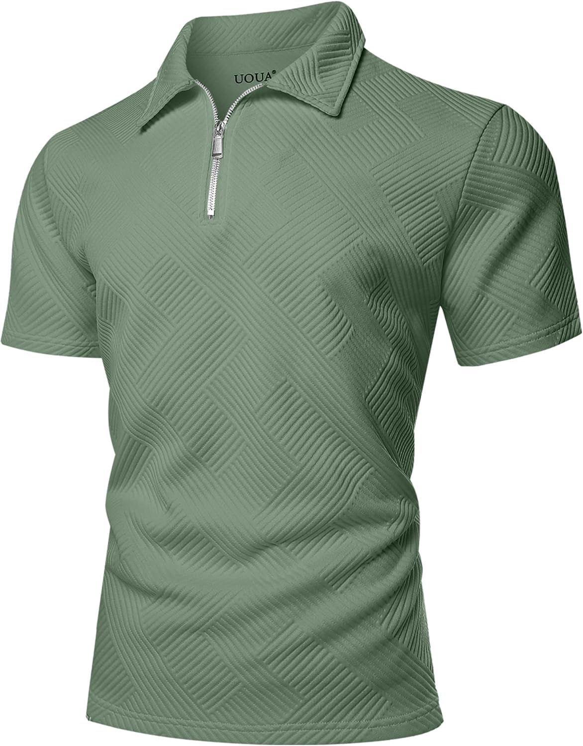 UOUA Men's Zipper Polo Shirts Short Sleeve Sweatshirts Soild Color Tops Striped Texture Casual Golf T - Image 6