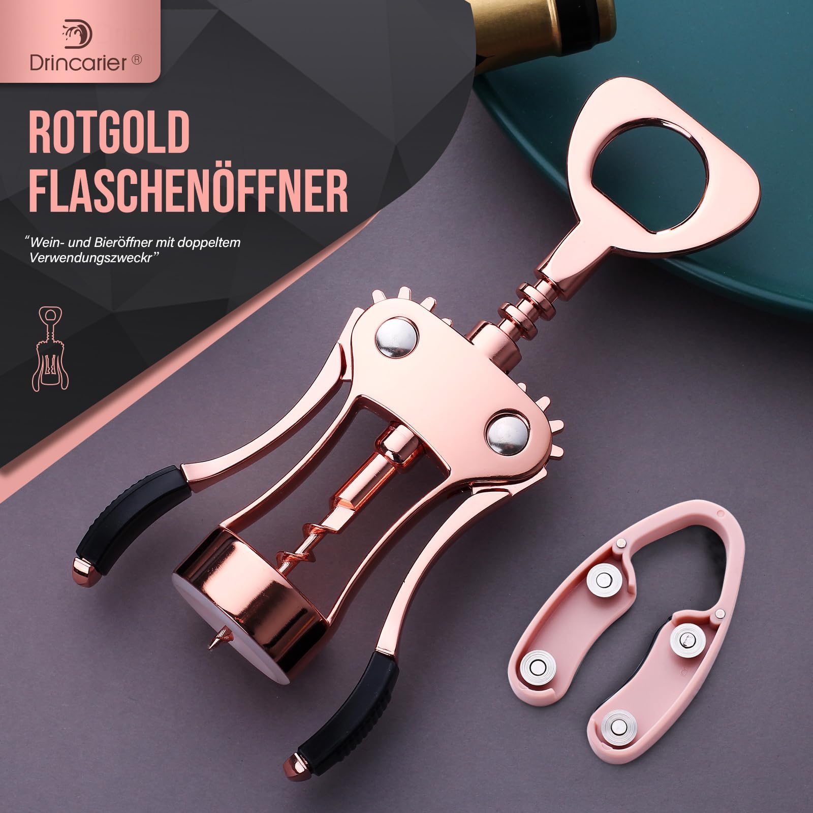 Weinöffner, multifunktionaler Flügelkorkenzieher für alle Korkstopfen und Bierdeckelflaschen, Luxus-Kellner-Korkenzieher mit Foil Cutter Set für Weinliebhaber, Kellner – ROSE GOLD